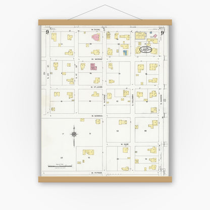 Old map wall art mockup — magnetic wood frame on white wall — Sanborn Fire Insurance Map from Lake City, Columbia County, Florida (1924), Sheet #0009