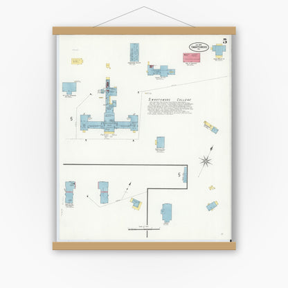 Old map wall art mockup — magnetic wood frame on white wall — Sanborn Fire Insurance Map from Swarthmore, Delaware County, Pennsylvania (1909), Sheet #0005