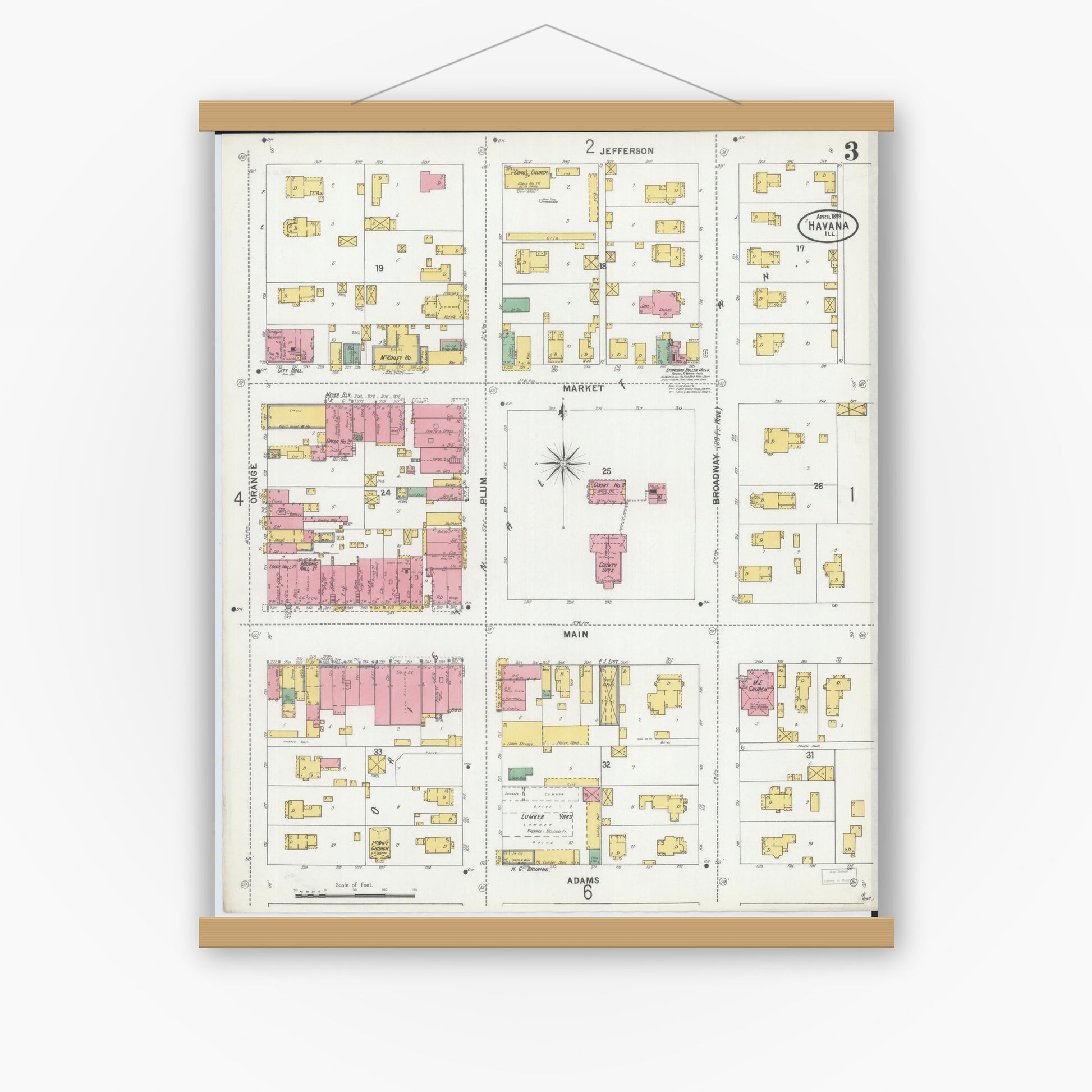 Old map wall art mockup — magnetic wood frame on white wall — Sanborn Fire Insurance Map from Havana, Mason County, Illinois (1899), Sheet #0003