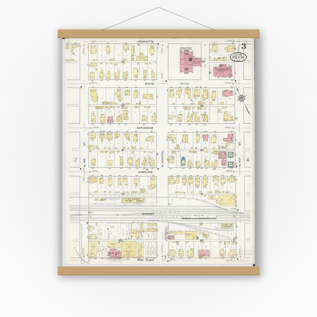 Old map wall art mockup — magnetic wood frame on white wall — Sanborn Fire Insurance Map from Pekin, Tazewell County, Illinois (1916), Sheet #0003