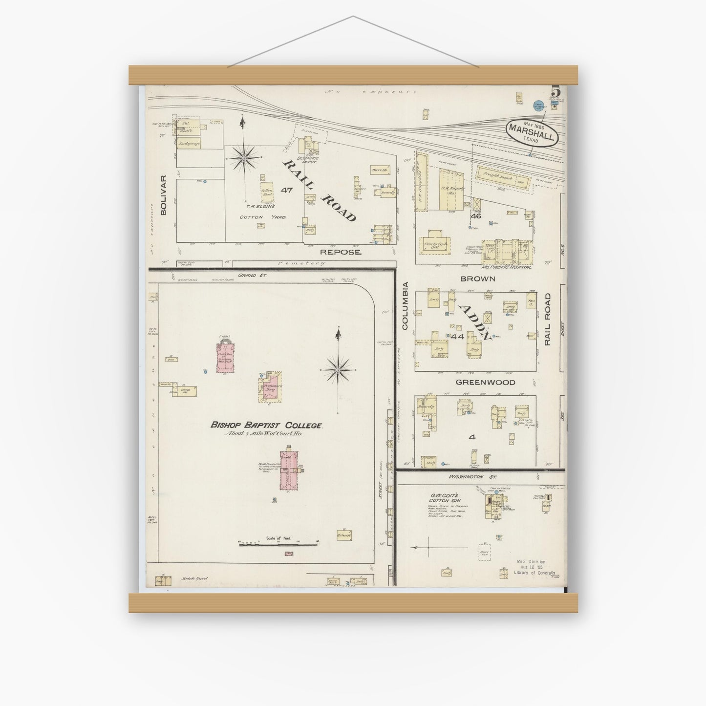 Old map wall art mockup — magnetic wood frame on white wall — Sanborn Fire Insurance Map from Marshall, Harrison County, Texas (1885), Sheet #0005