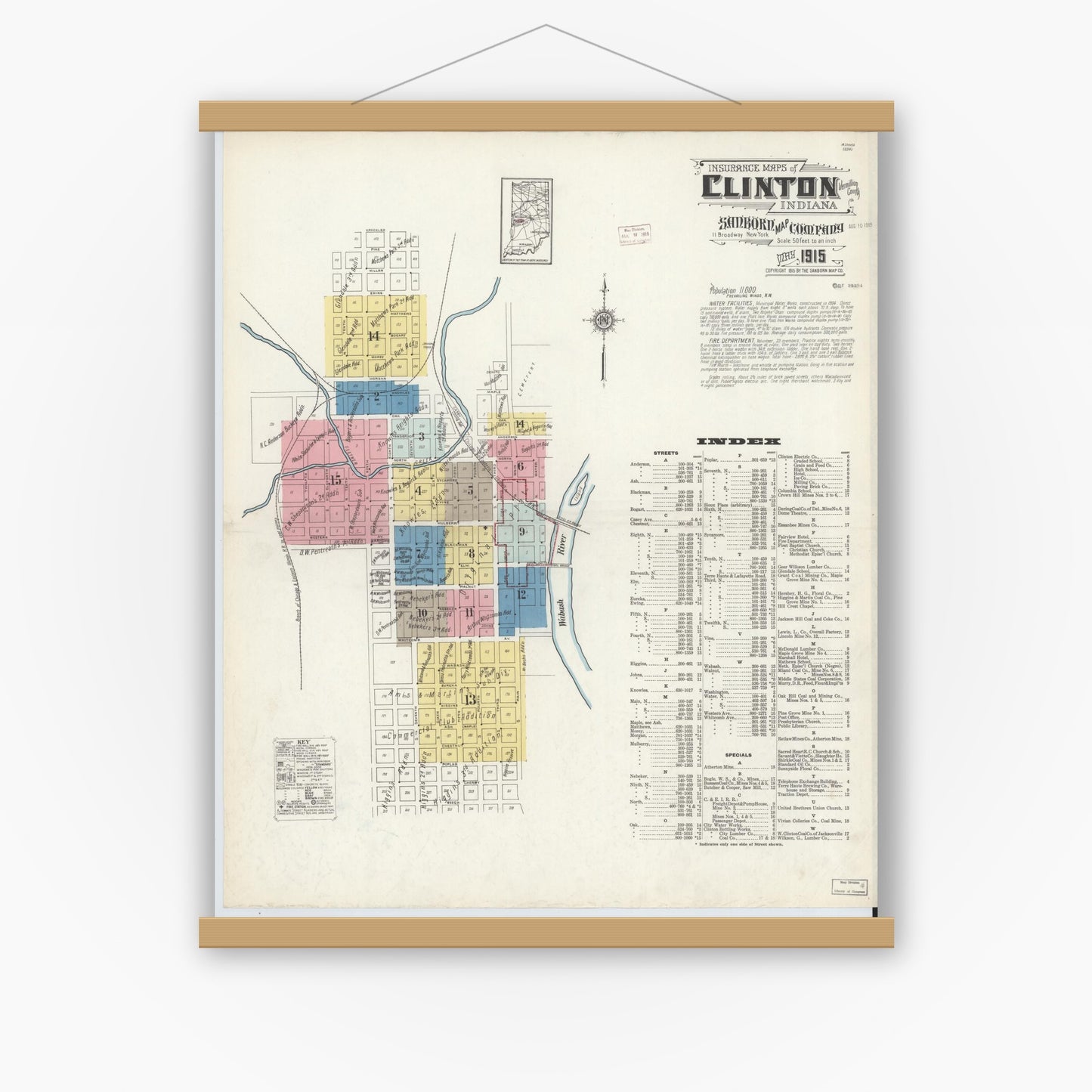 Old map wall art mockup — magnetic wood frame on white wall — Sanborn Fire Insurance Map from Clinton, Vermillion County, Indiana (1915) - Complete Map Set