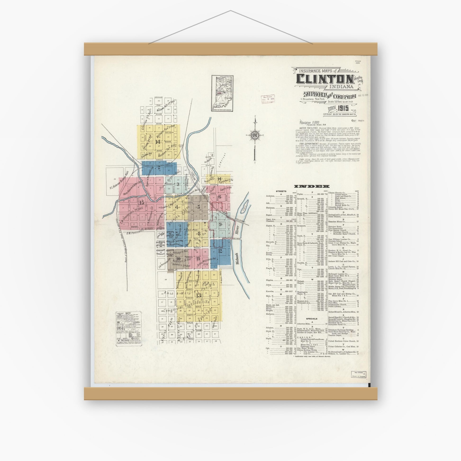 Old map wall art mockup — magnetic wood frame on white wall — Sanborn Fire Insurance Map from Clinton, Vermillion County, Indiana (1915) - Complete Map Set