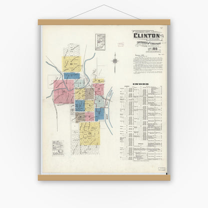 Old map wall art mockup — magnetic wood frame on white wall — Sanborn Fire Insurance Map from Clinton, Vermillion County, Indiana (1915) - Complete Map Set