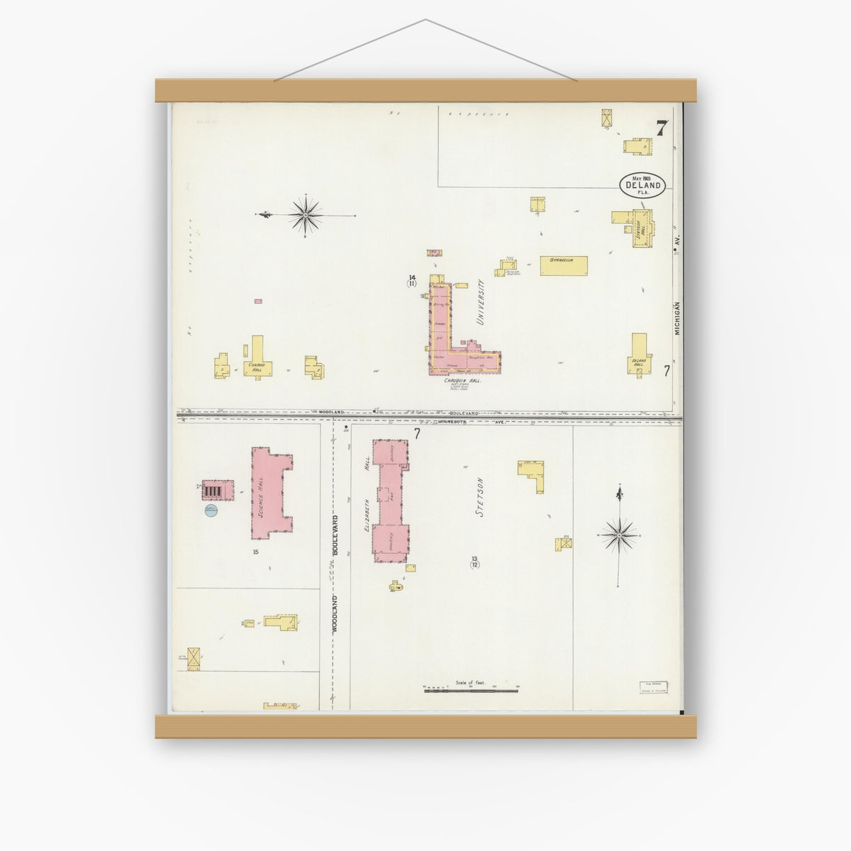 Old map wall art mockup — magnetic wood frame on white wall — Sanborn Fire Insurance Map from De Land, Volusia County, Florida (1903), Sheet #0007
