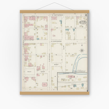 Old map wall art mockup — magnetic wood frame on white wall — Sanborn Fire Insurance Map from Butler, Butler County, Pennsylvania (1886), Sheet #0002