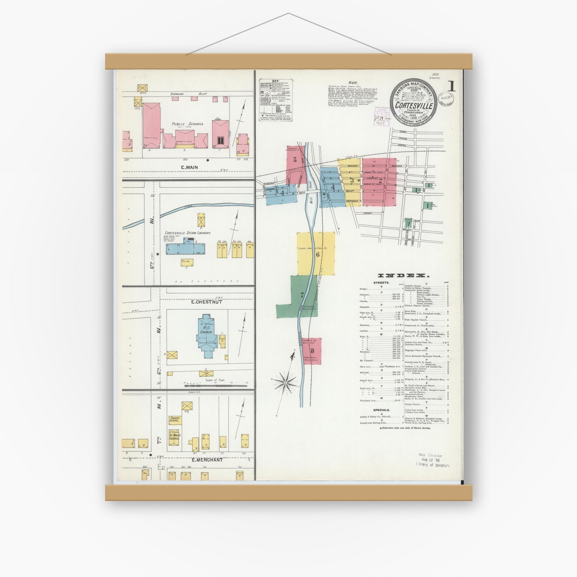 Old map wall art mockup — magnetic wood frame on white wall — Sanborn Fire Insurance Map from Coatesville, Chester County, Pennsylvania (1902), Sheet #0001