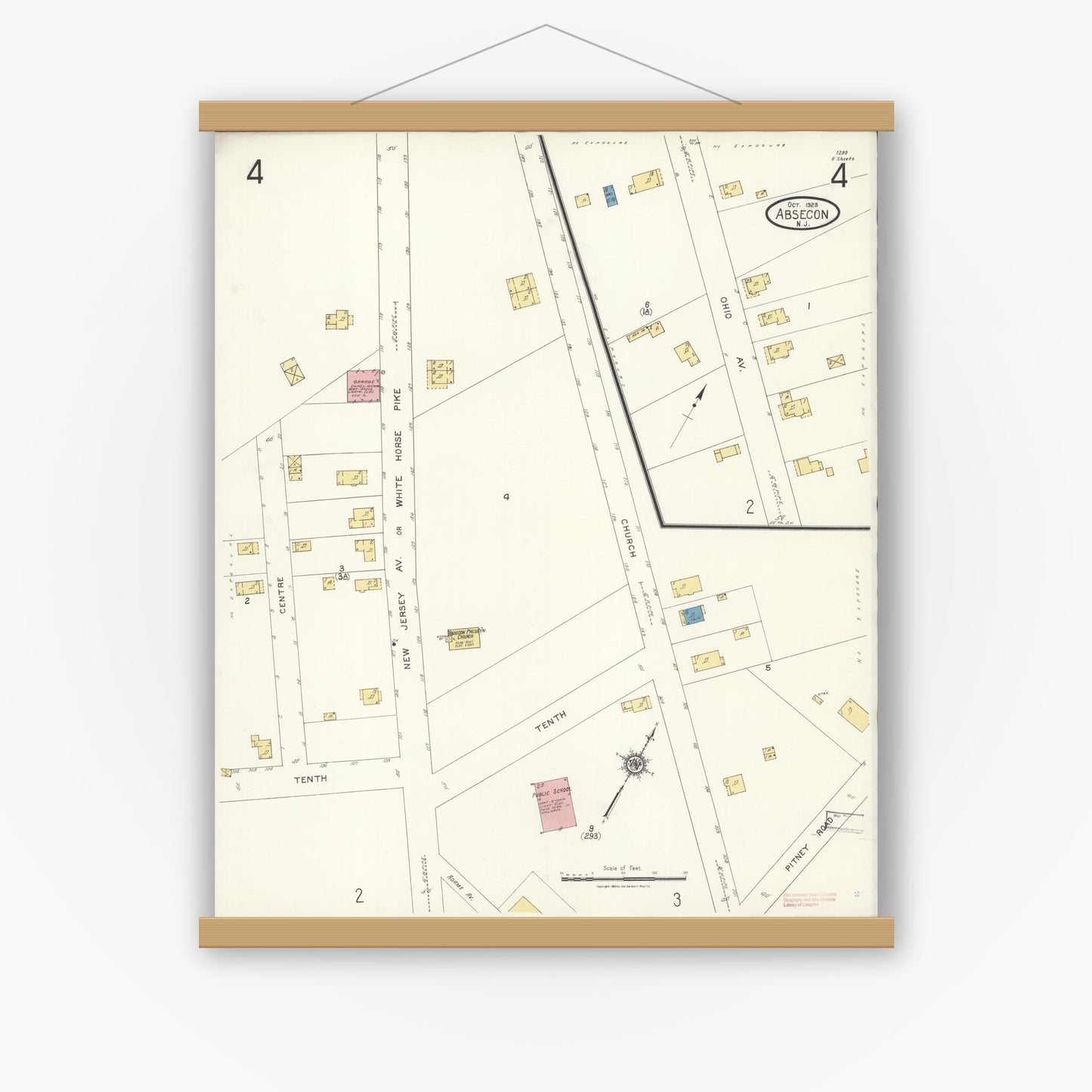 Old map wall art mockup — magnetic wood frame on white wall — Sanborn Fire Insurance Map from Absecon, Atlantic County, New Jersey (1923), Sheet #0004
