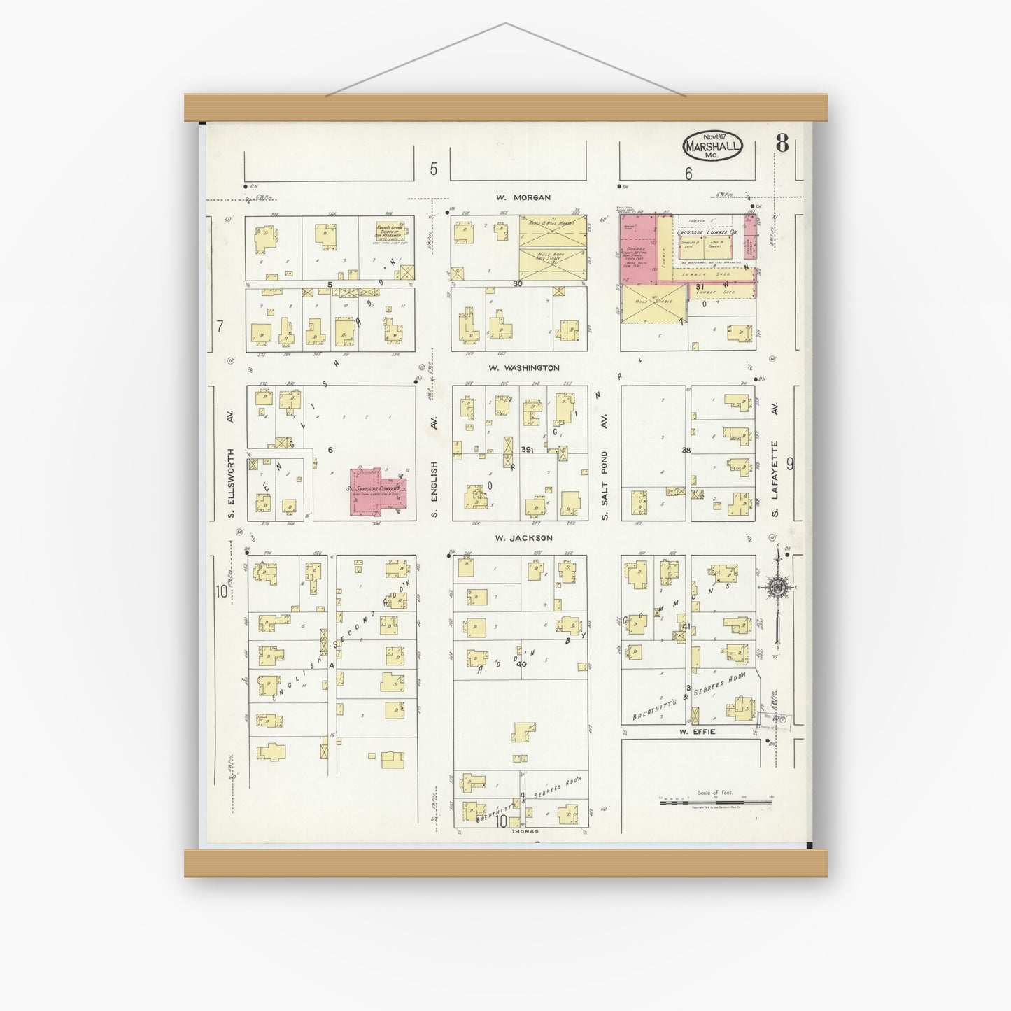 Old map wall art mockup — magnetic wood frame on white wall — Sanborn Fire Insurance Map from Marshall, Saline County, Missouri (1917), Sheet #0008