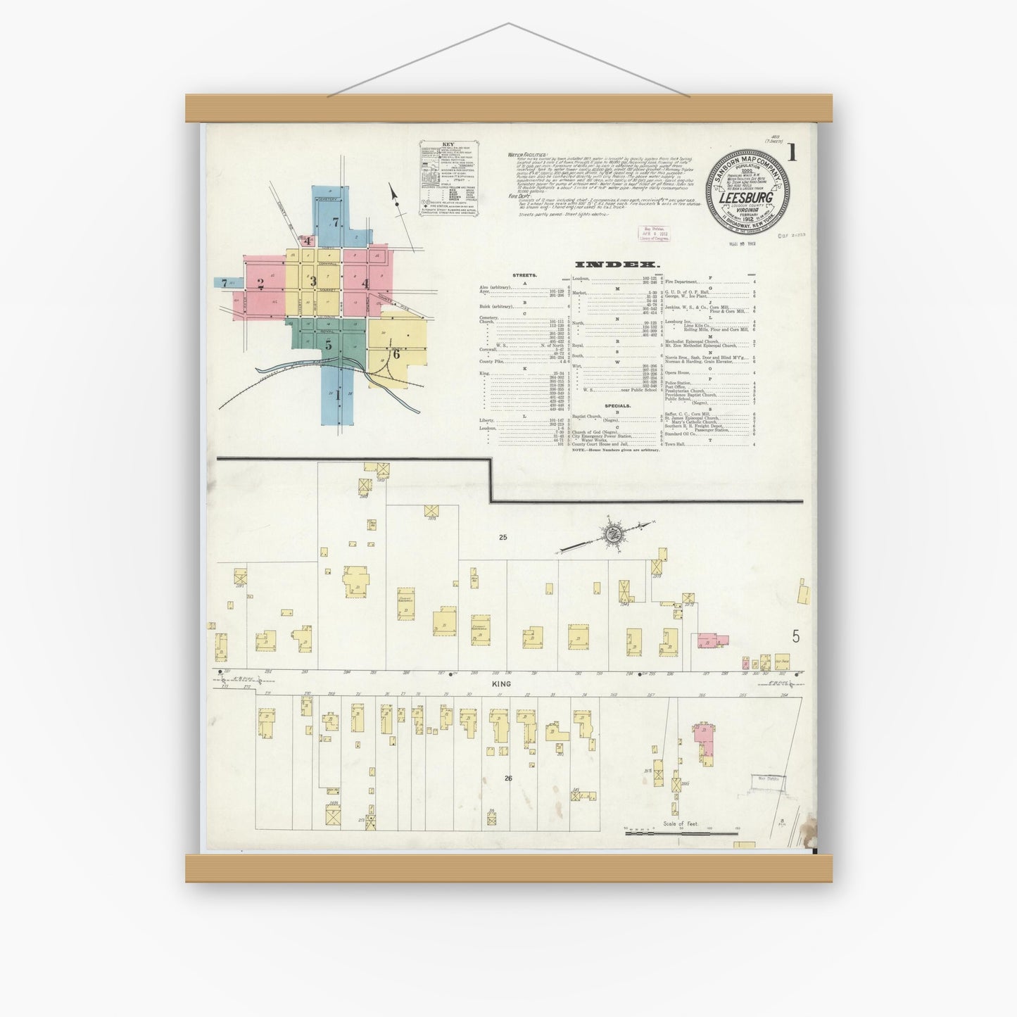 Old map wall art mockup — magnetic wood frame on white wall — Sanborn Fire Insurance Map from Leesburg, Loudoun County, Virginia (1912), Sheet #0001