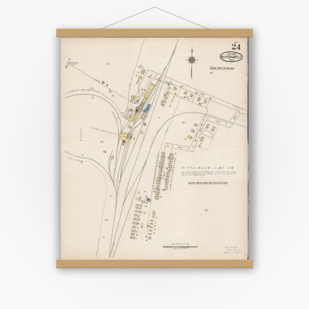 Old map wall art mockup — magnetic wood frame on white wall — Sanborn Fire Insurance Map from New Braunfels, Comal County, Texas (1922), Sheet #0024