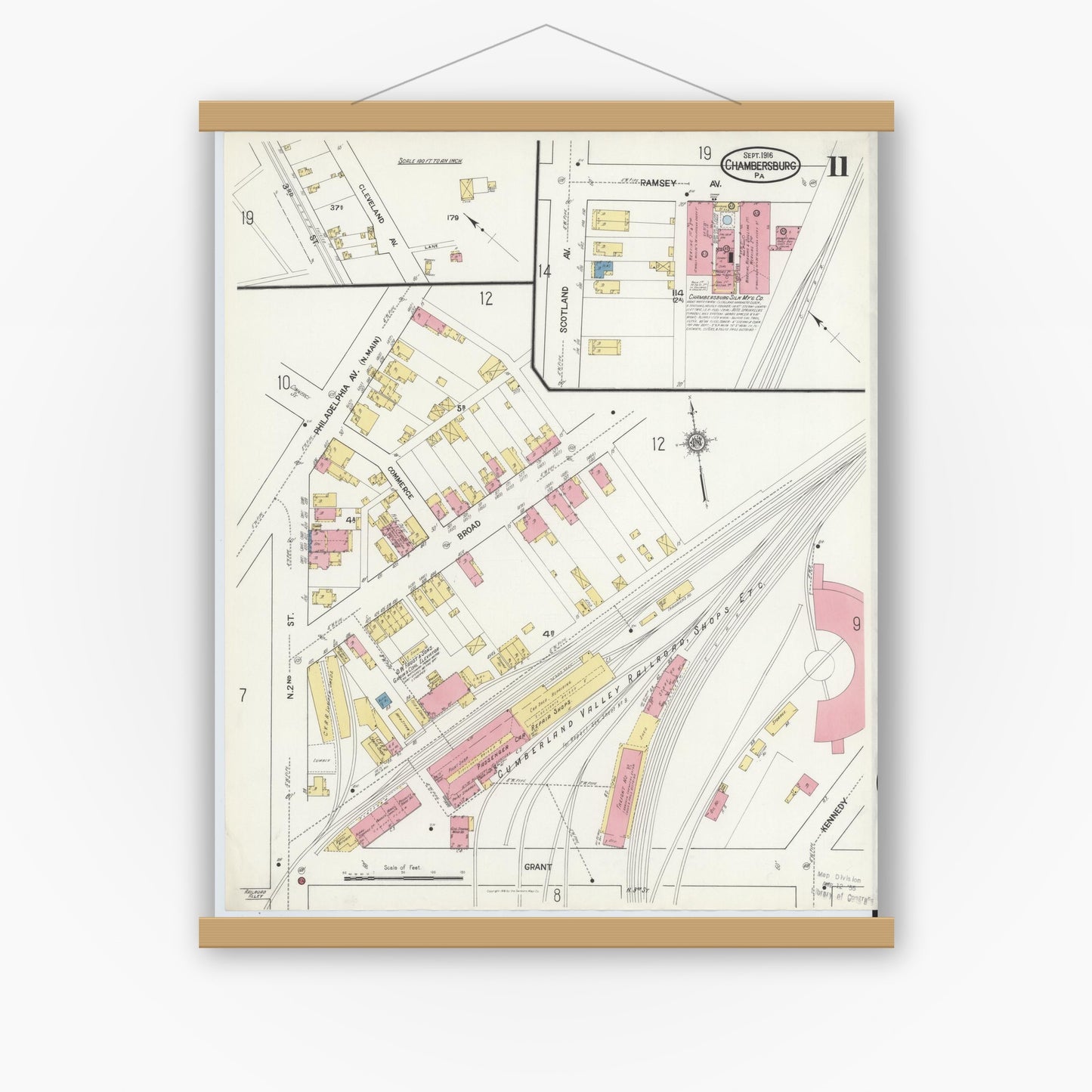 Old map wall art mockup — magnetic wood frame on white wall — Sanborn Fire Insurance Map from Chambersburg, Franklin County, Pennsylvania (1916), Sheet #0011