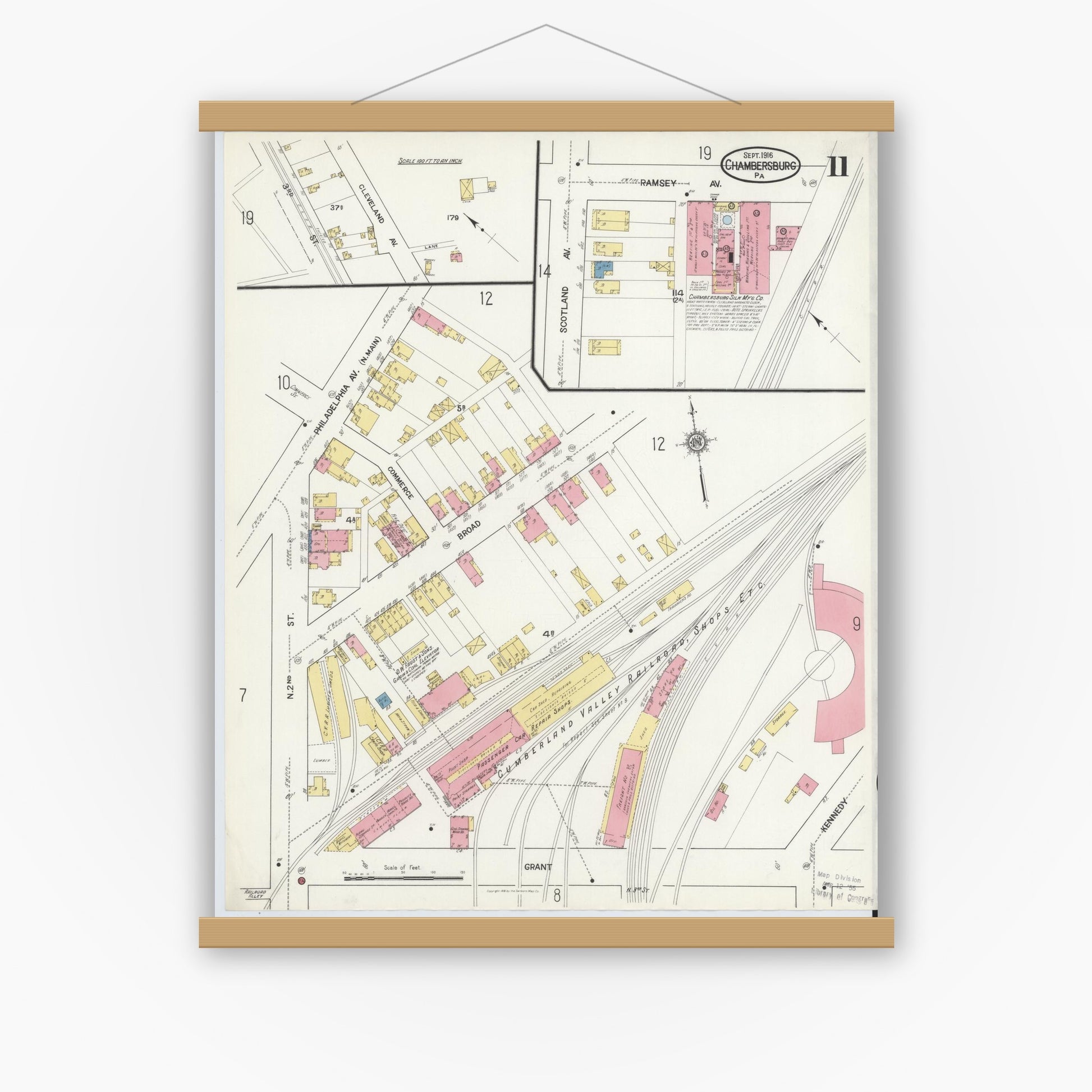 Old map wall art mockup — magnetic wood frame on white wall — Sanborn Fire Insurance Map from Chambersburg, Franklin County, Pennsylvania (1916), Sheet #0011