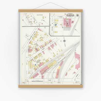 Old map wall art mockup — magnetic wood frame on white wall — Sanborn Fire Insurance Map from Chambersburg, Franklin County, Pennsylvania (1916), Sheet #0011