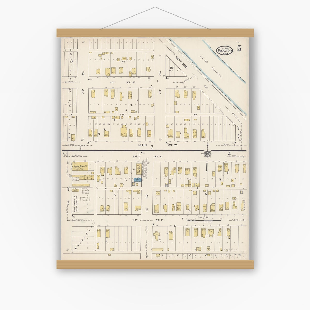 Old map wall art mockup — magnetic wood frame on white wall — Sanborn Fire Insurance Map from Proctor, Saint Louis County, Minnesota (1922), Sheet #0005