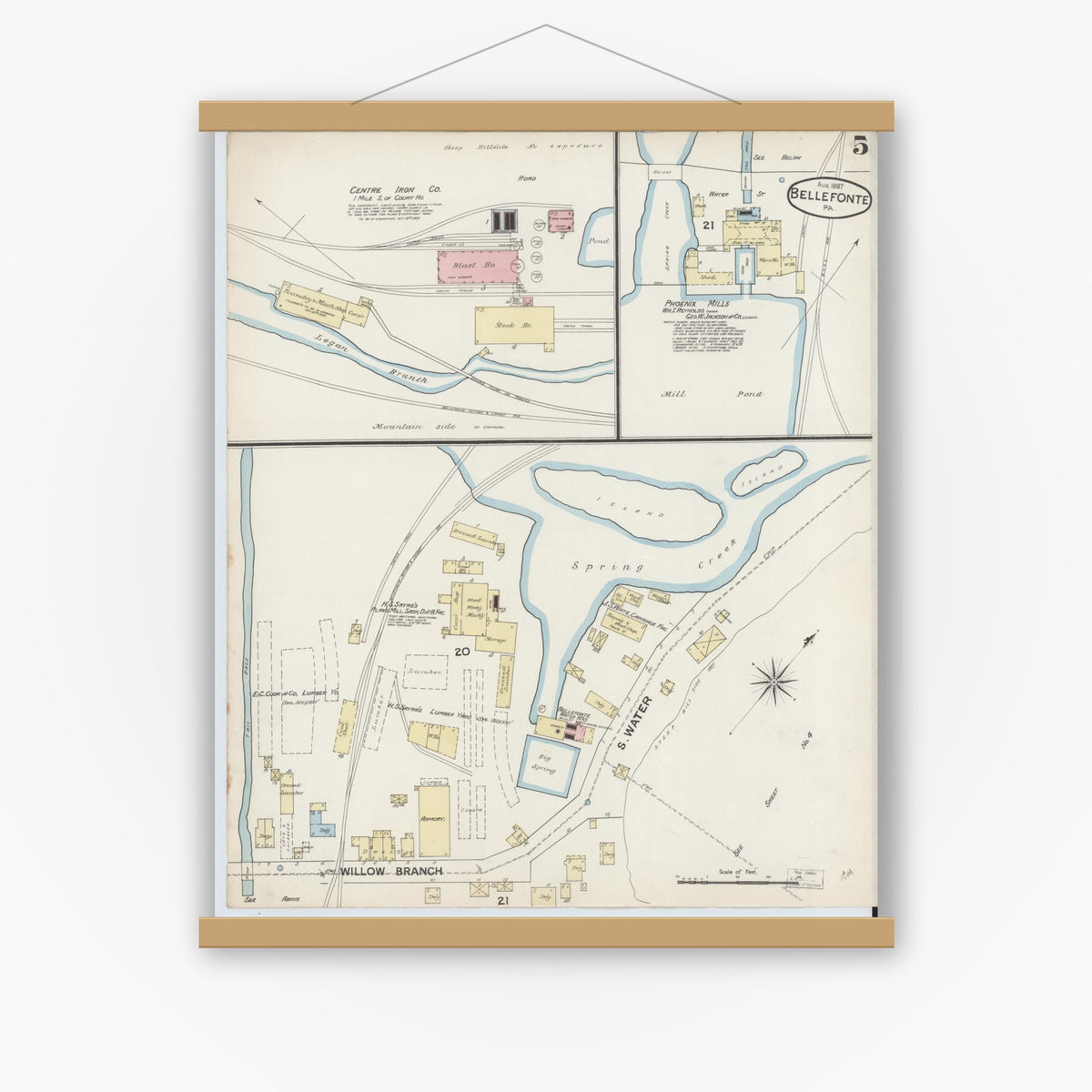 Old map wall art mockup — magnetic wood frame on white wall — Sanborn Fire Insurance Map from Bellefonte, Centre County, Pennsylvania (1887), Sheet #0005