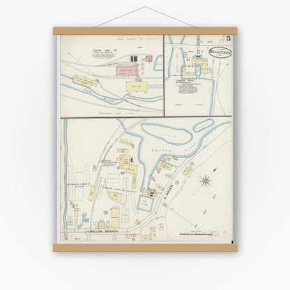 Old map wall art mockup — magnetic wood frame on white wall — Sanborn Fire Insurance Map from Bellefonte, Centre County, Pennsylvania (1887), Sheet #0005