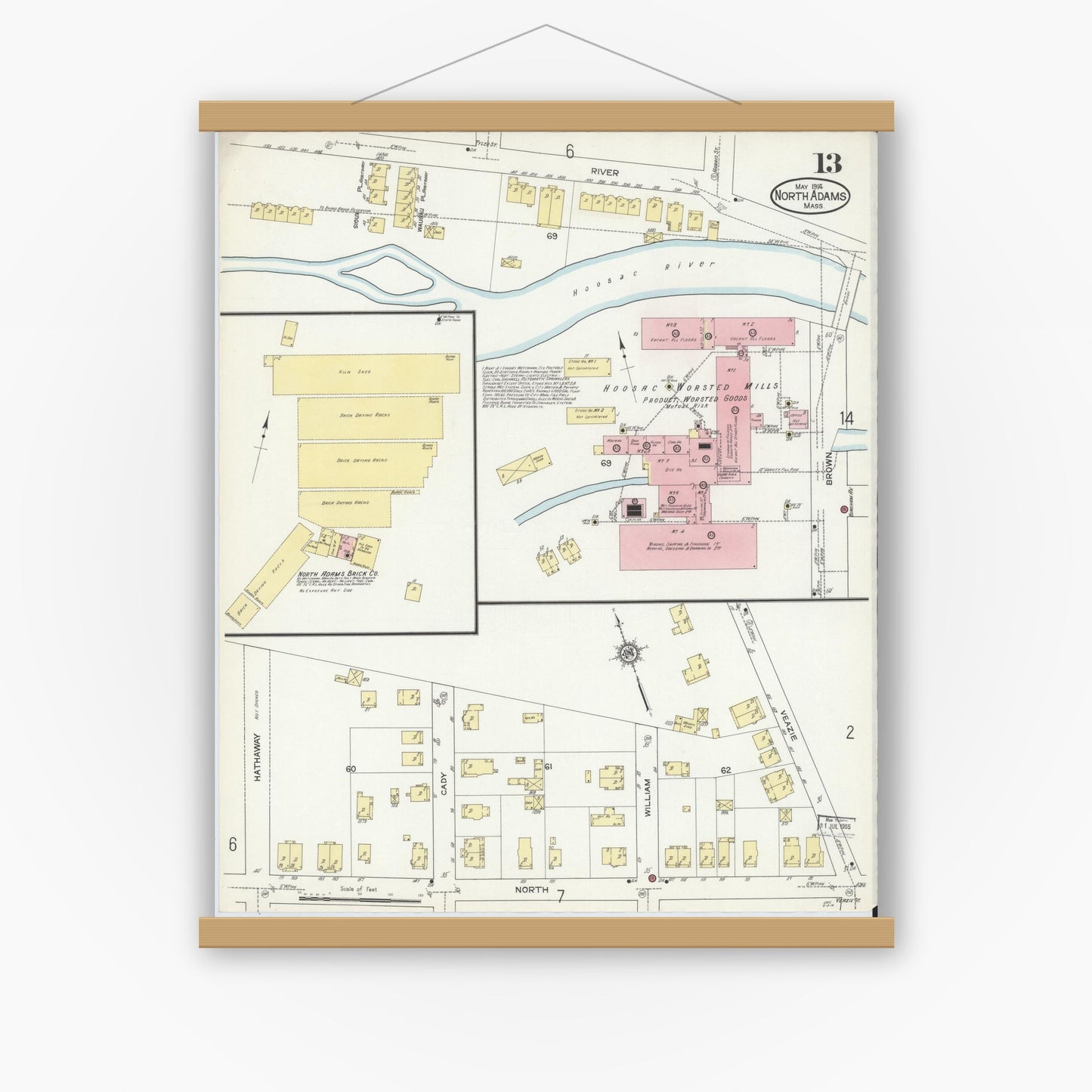 Old map wall art mockup — magnetic wood frame on white wall — Sanborn Fire Insurance Map from North Adams, Berkshire County, Massachusetts (1914), Sheet #0013