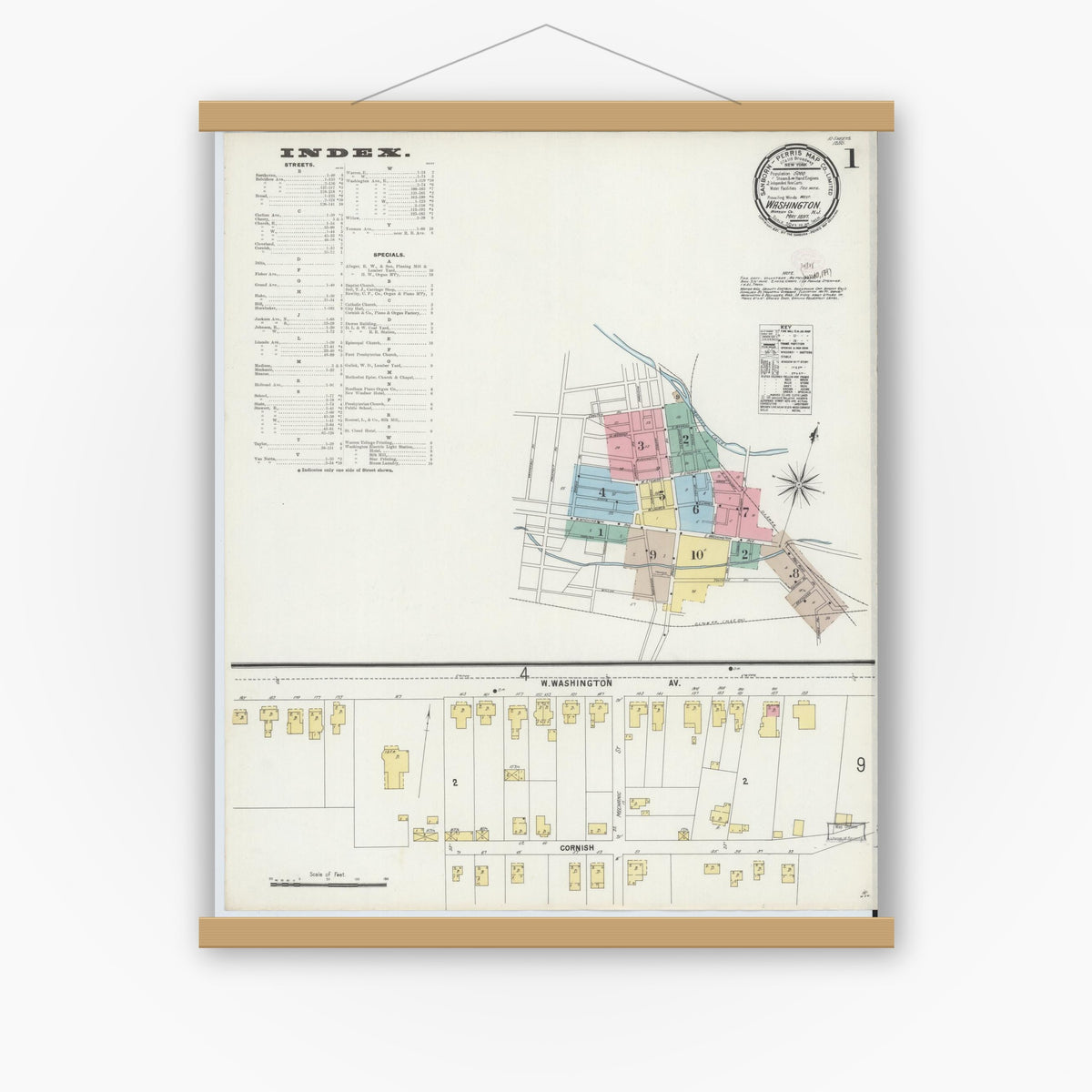 Old map wall art mockup — magnetic wood frame on white wall — Sanborn Fire Insurance Map from Washington, Warren County, New Jersey (1897), Sheet #0001