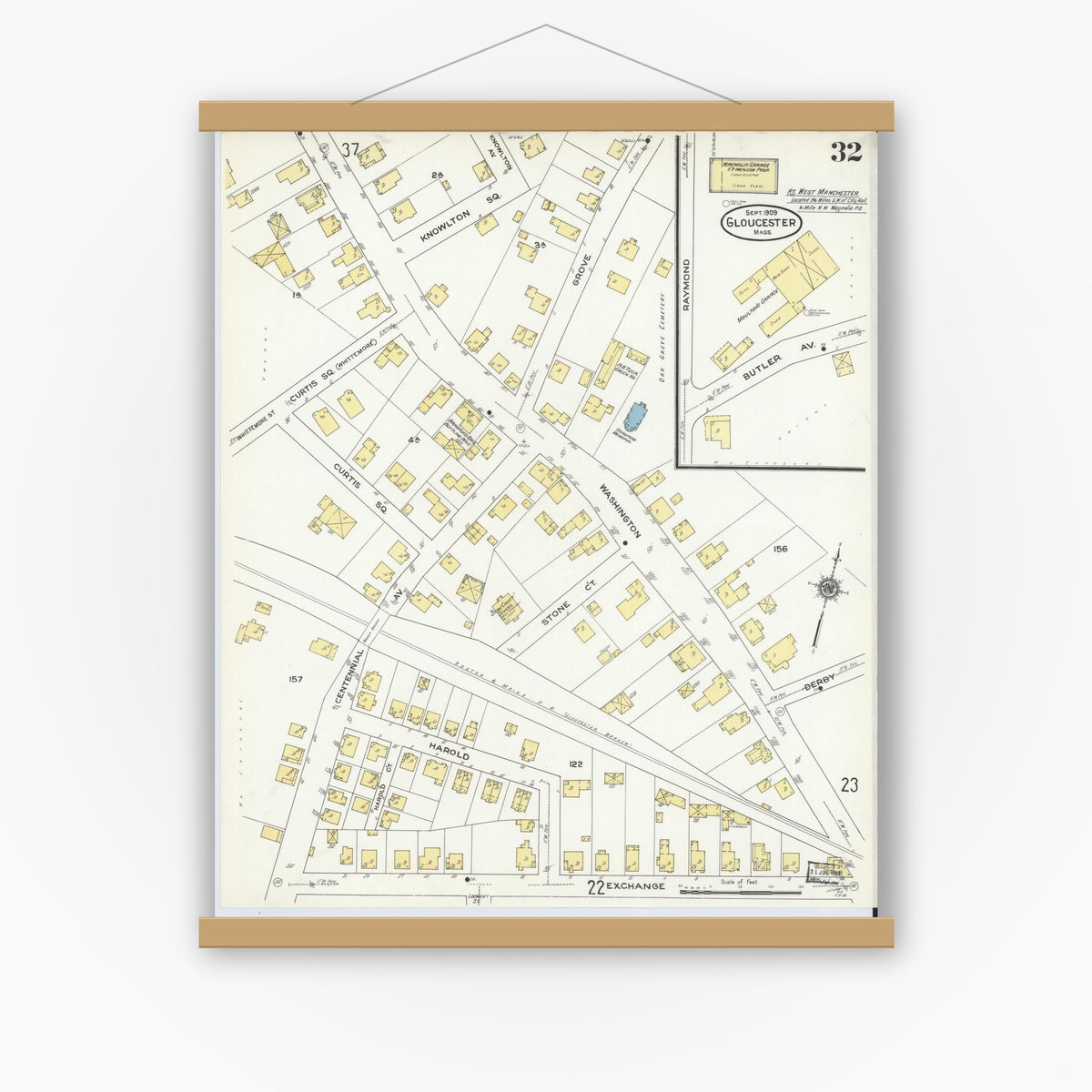 Old map wall art mockup — magnetic wood frame on white wall — Sanborn Fire Insurance Map from Gloucester, Essex County, Massachusetts (1909), Sheet #0032