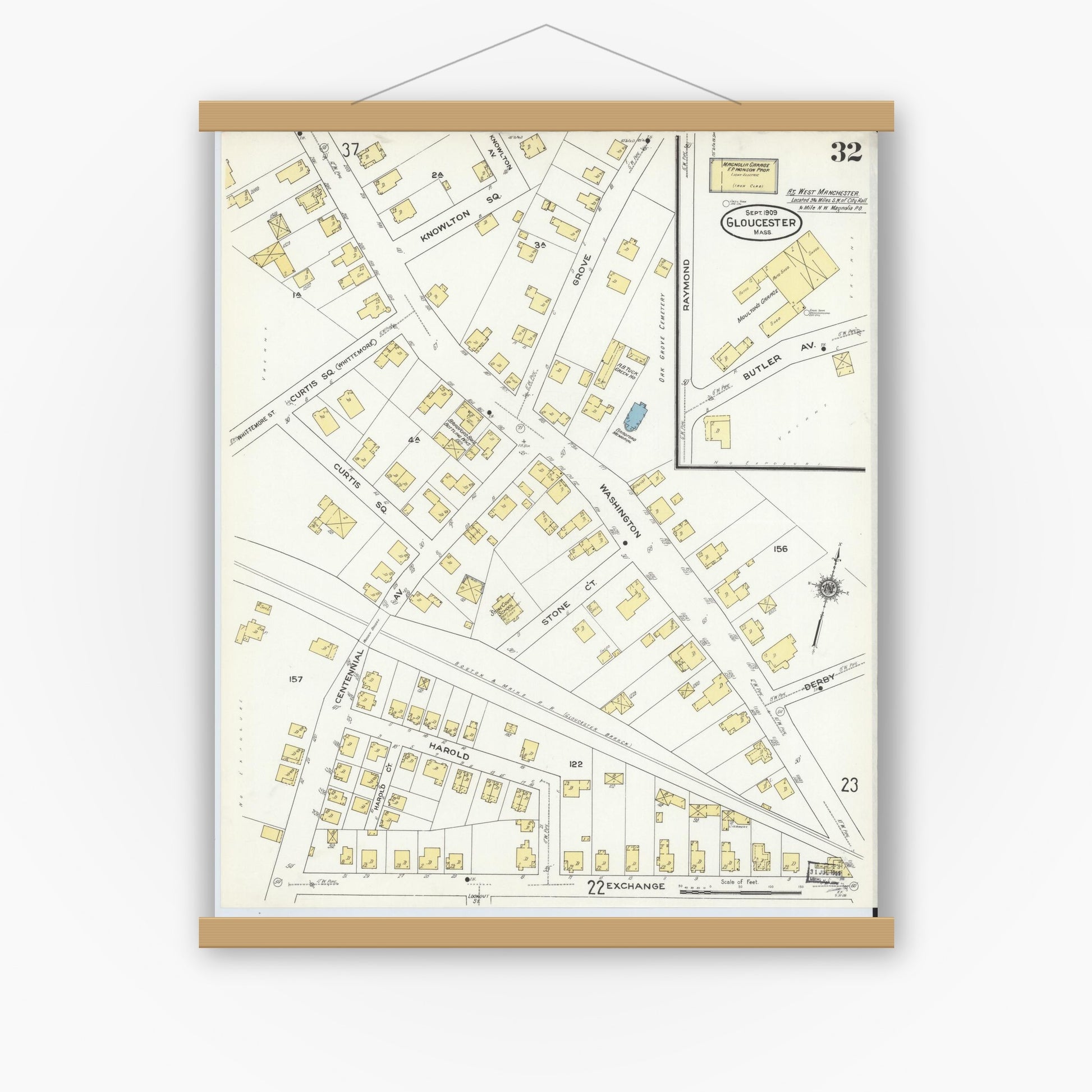 Old map wall art mockup — magnetic wood frame on white wall — Sanborn Fire Insurance Map from Gloucester, Essex County, Massachusetts (1909), Sheet #0032