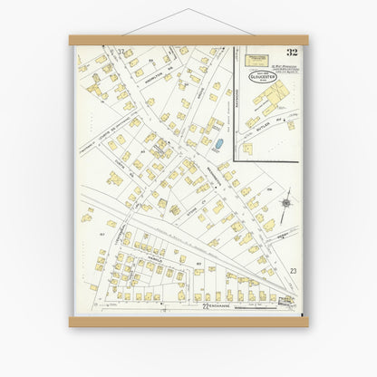 Old map wall art mockup — magnetic wood frame on white wall — Sanborn Fire Insurance Map from Gloucester, Essex County, Massachusetts (1909), Sheet #0032