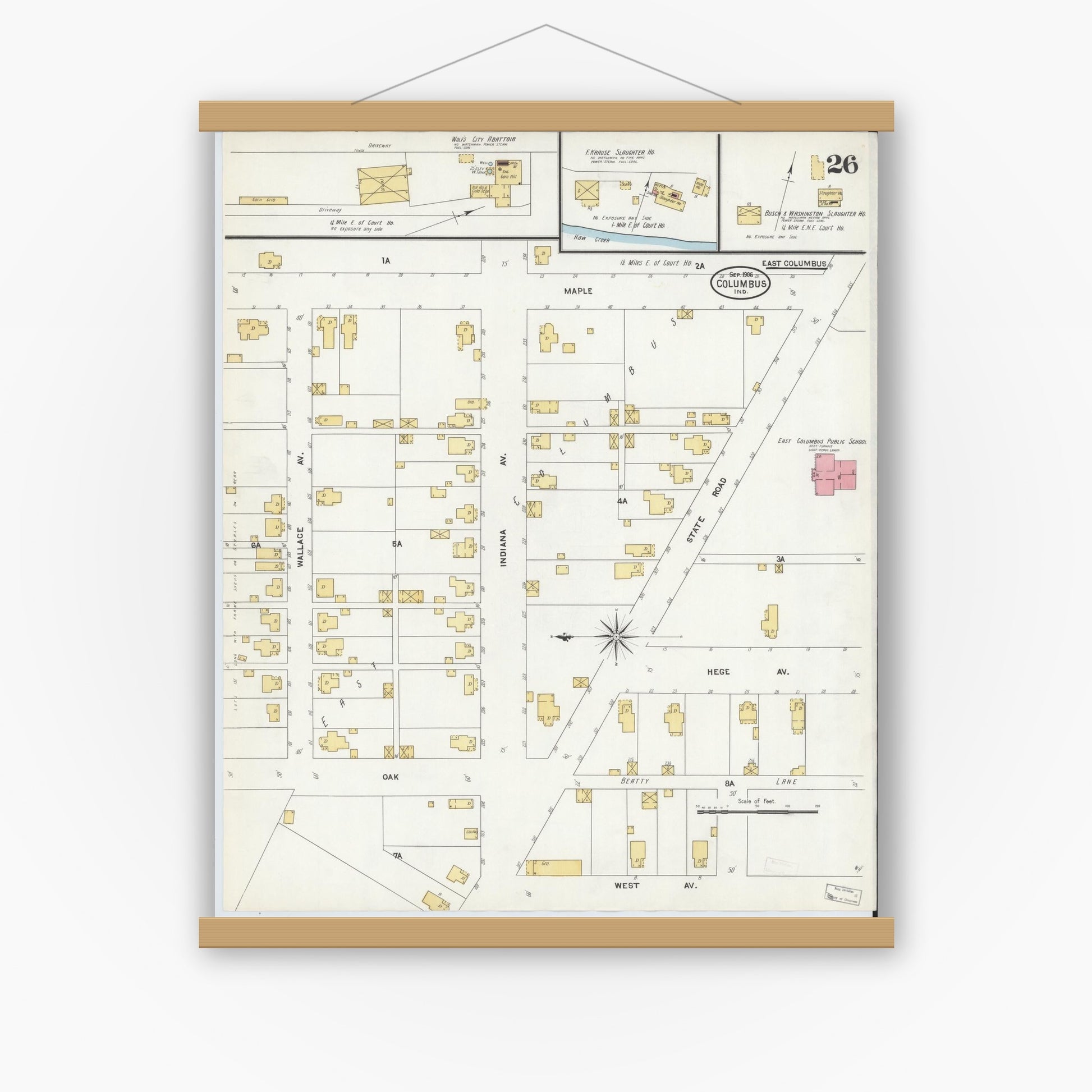 Old map wall art mockup — magnetic wood frame on white wall — Sanborn Fire Insurance Map from Columbus, Bartholomew County, Indiana (1906), Sheet #0026