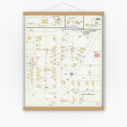 Old map wall art mockup — magnetic wood frame on white wall — Sanborn Fire Insurance Map from Columbus, Bartholomew County, Indiana (1906), Sheet #0026