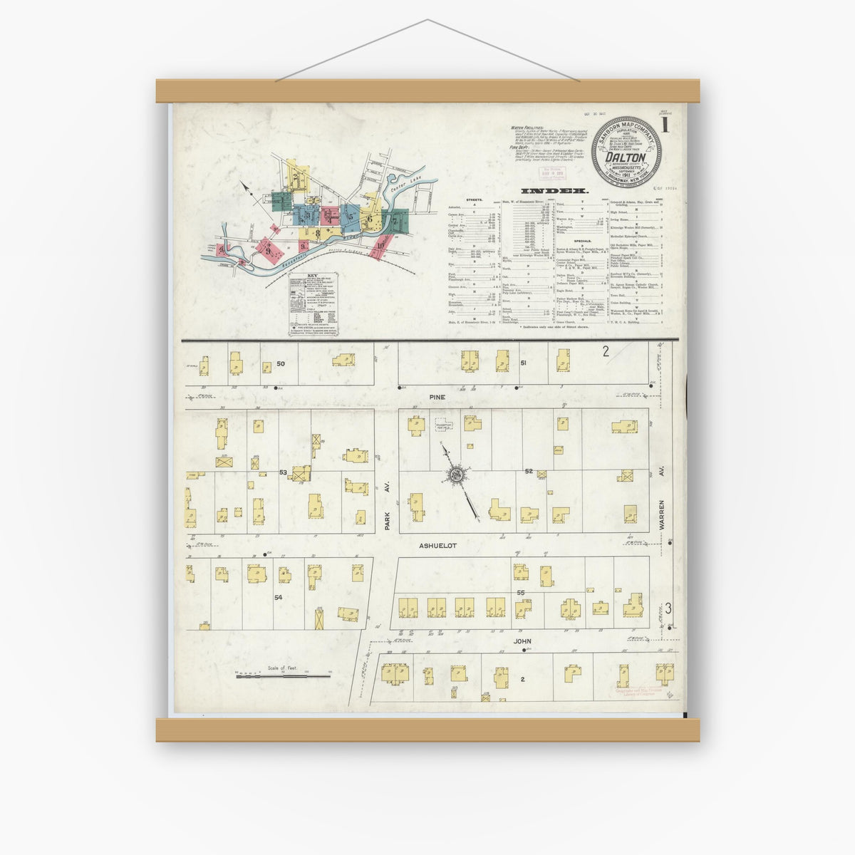 Old map wall art mockup — magnetic wood frame on white wall — Sanborn Fire Insurance Map from Dalton, Berkshire County, Massachusetts (1911) - Complete Map Set