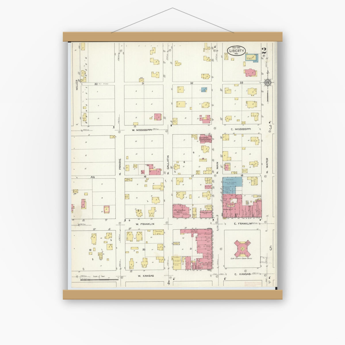 Old map wall art mockup — magnetic wood frame on white wall — Sanborn Fire Insurance Map from Liberty, Clay County, Missouri (1913), Sheet #0002