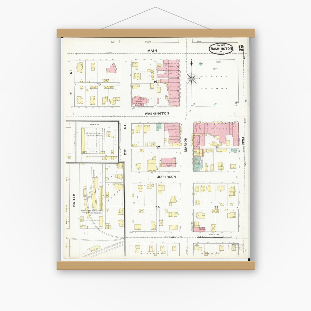 Old map wall art mockup — magnetic wood frame on white wall — Sanborn Fire Insurance Map from Washington, Washington County, Iowa (1892), Sheet #0002