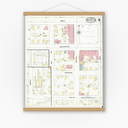Old map wall art mockup — magnetic wood frame on white wall — Sanborn Fire Insurance Map from Washington, Washington County, Iowa (1892), Sheet #0002