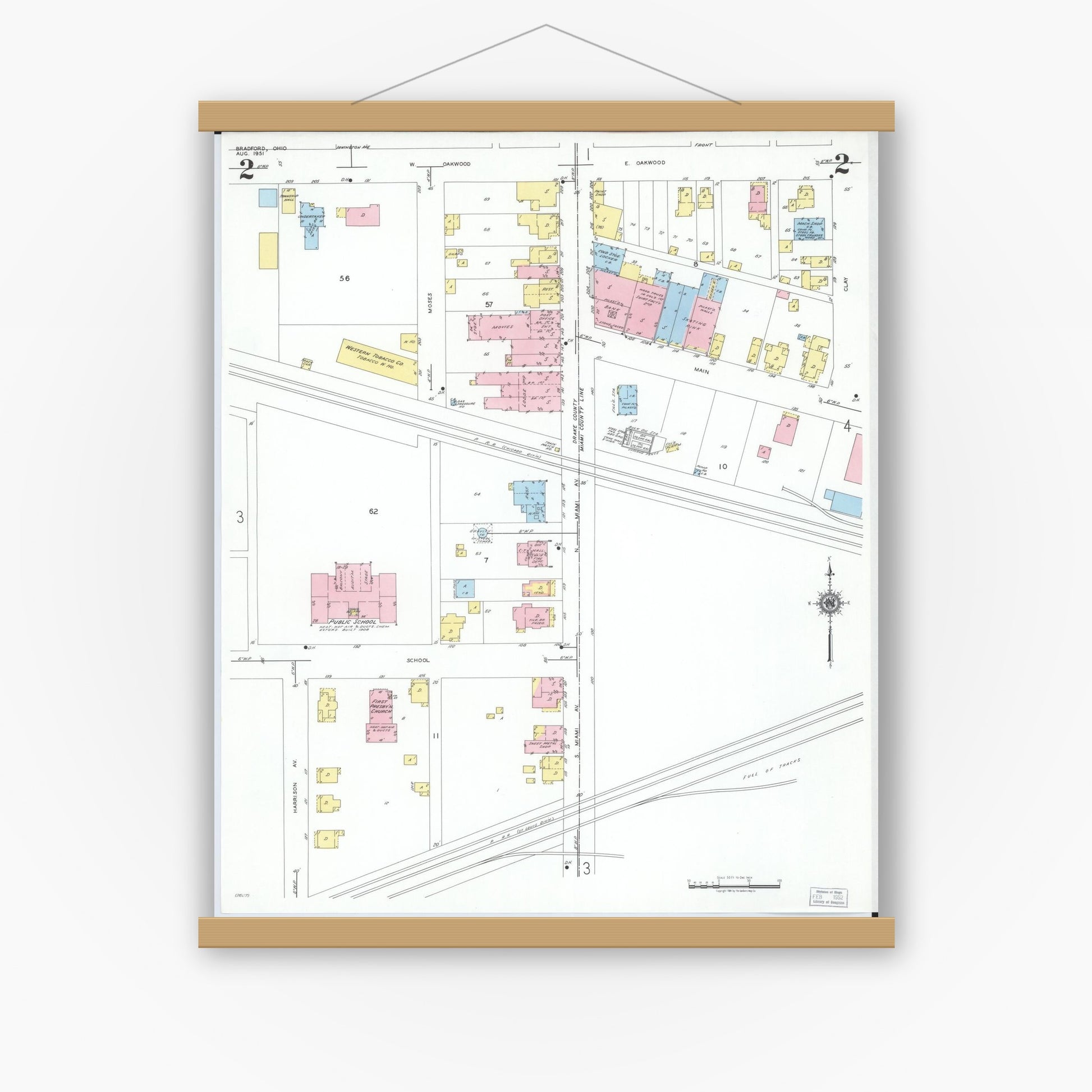 Old map wall art mockup — magnetic wood frame on white wall — Sanborn Fire Insurance Map from Bradford, Darke and Miami Counties, Ohio (1951), Sheet #0002