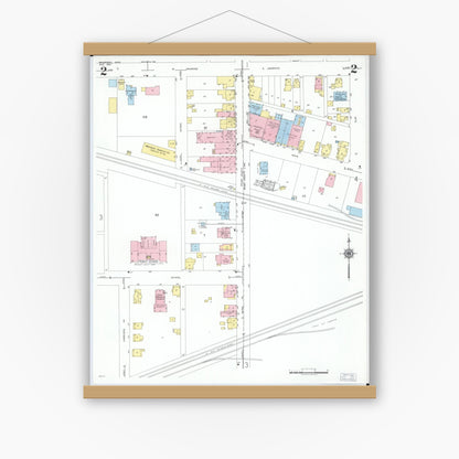 Old map wall art mockup — magnetic wood frame on white wall — Sanborn Fire Insurance Map from Bradford, Darke and Miami Counties, Ohio (1951), Sheet #0002