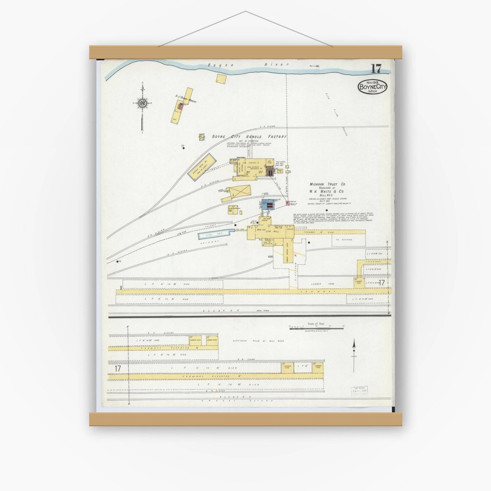 Old map wall art mockup — magnetic wood frame on white wall — Sanborn Fire Insurance Map from Boyne City, Charlevoix County, Michigan (1919), Sheet #0017