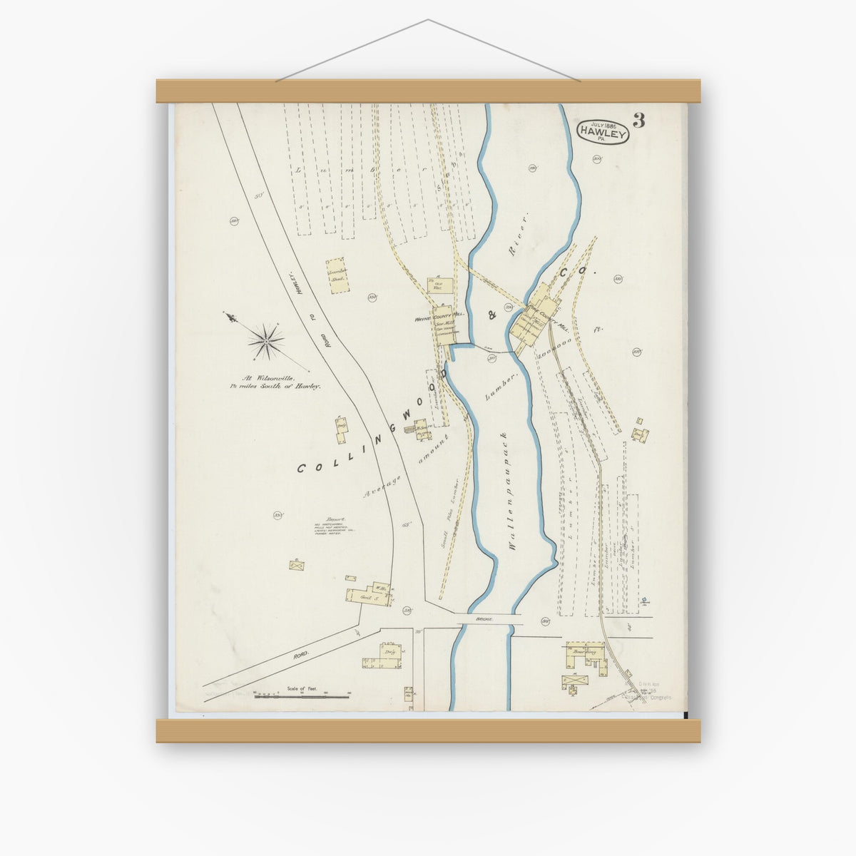 Old map wall art mockup — magnetic wood frame on white wall — Sanborn Fire Insurance Map from Hawley, Wayne County, Pennsylvania (1885), Sheet #0003