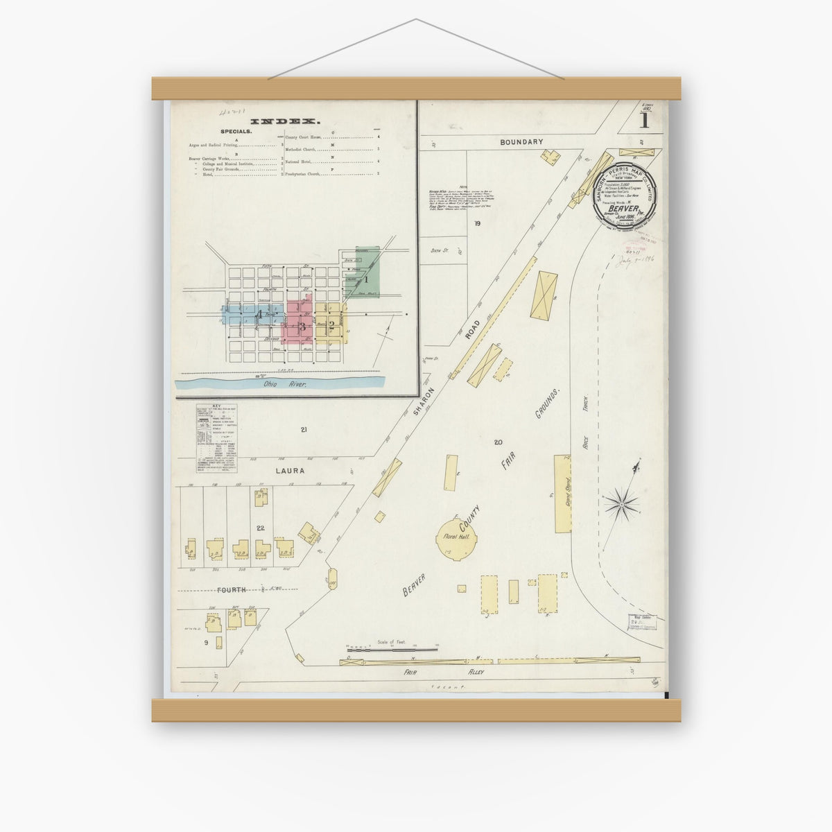 Old map wall art mockup — magnetic wood frame on white wall — Sanborn Fire Insurance Map from Beaver, Beaver County, Pennsylvania (1896) - Complete Map Set