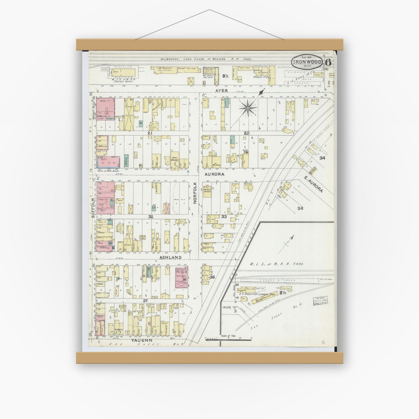 Old map wall art mockup — magnetic wood frame on white wall — Sanborn Fire Insurance Map from Ironwood, Gogebic County, Michigan (1891), Sheet #0006