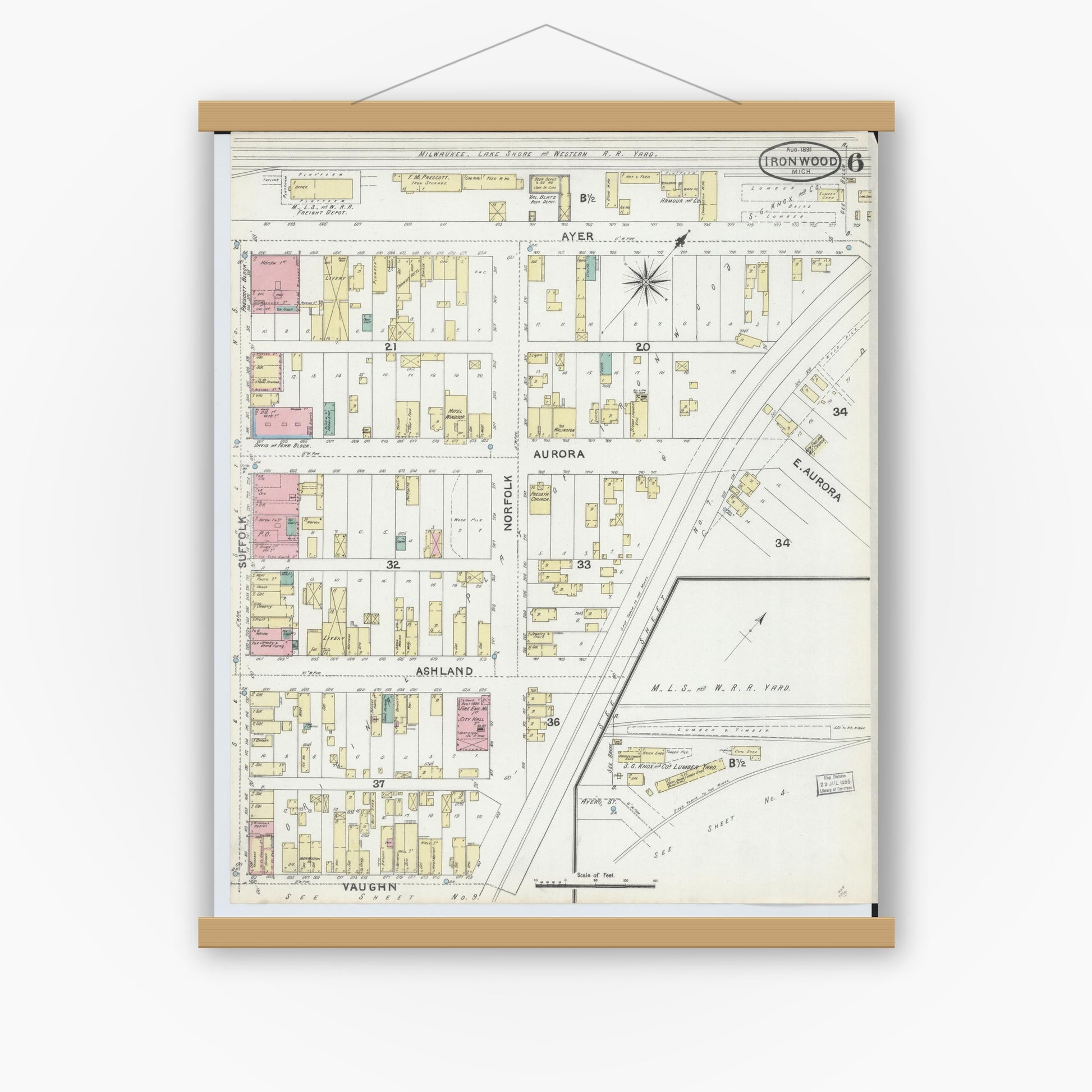 Old map wall art mockup — magnetic wood frame on white wall — Sanborn Fire Insurance Map from Ironwood, Gogebic County, Michigan (1891), Sheet #0006