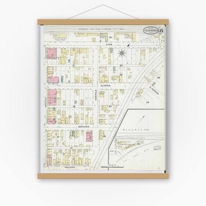 Old map wall art mockup — magnetic wood frame on white wall — Sanborn Fire Insurance Map from Ironwood, Gogebic County, Michigan (1891), Sheet #0006