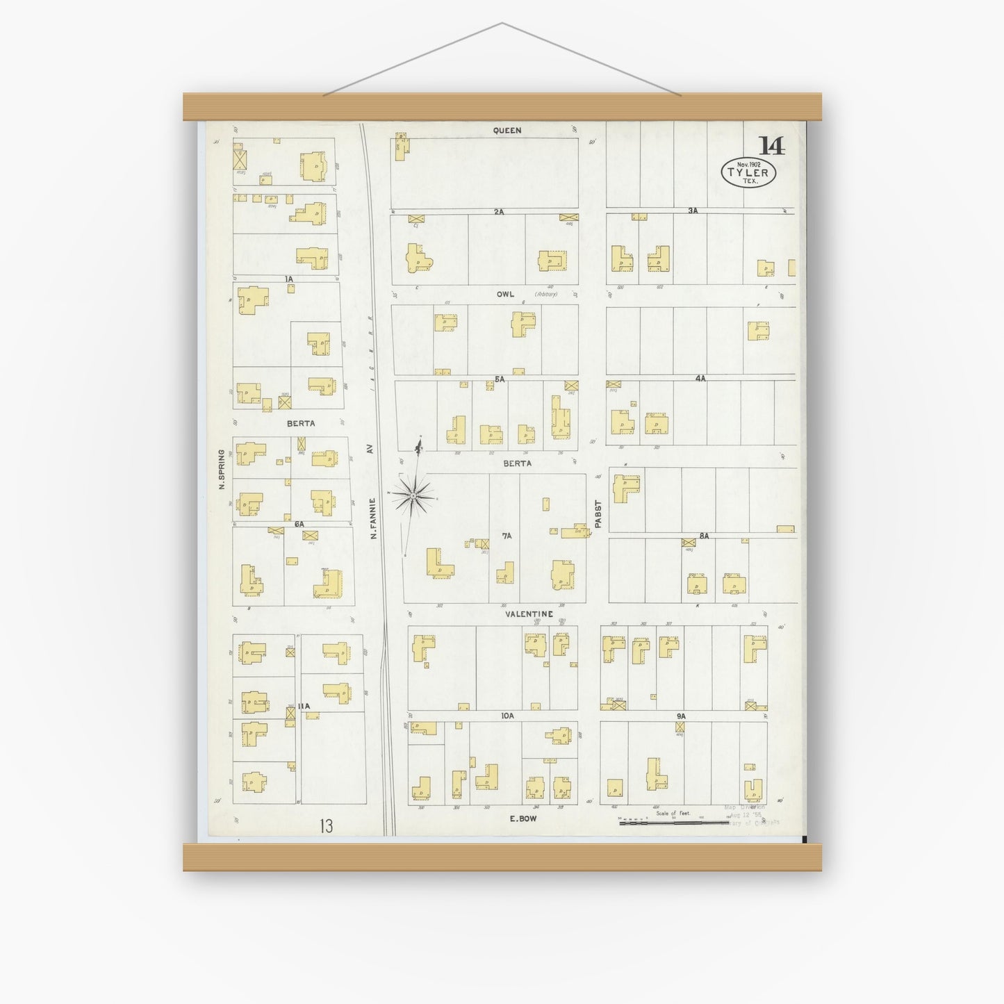 Old map wall art mockup — magnetic wood frame on white wall — Sanborn Fire Insurance Map from Tyler, Smith County, Texas (1902), Sheet #0014