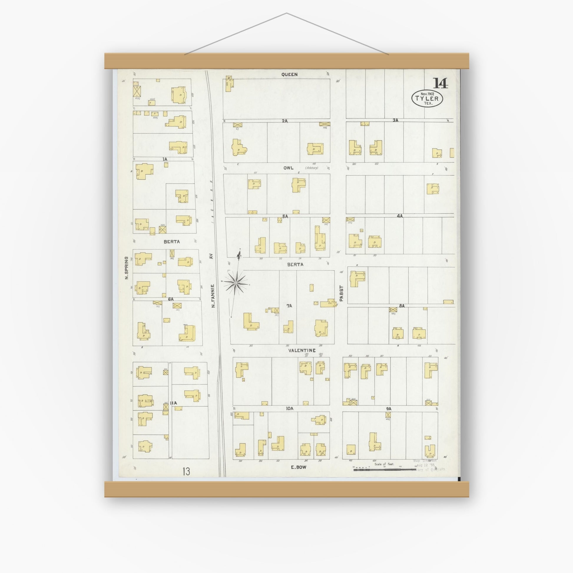 Old map wall art mockup — magnetic wood frame on white wall — Sanborn Fire Insurance Map from Tyler, Smith County, Texas (1902), Sheet #0014