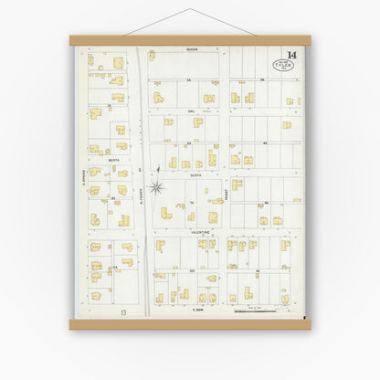 Old map wall art mockup — magnetic wood frame on white wall — Sanborn Fire Insurance Map from Tyler, Smith County, Texas (1902), Sheet #0014