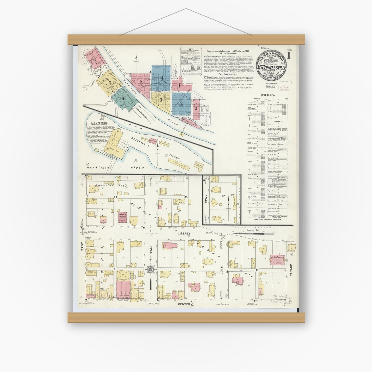 Old map wall art mockup — magnetic wood frame on white wall — Sanborn Fire Insurance Map from McConnelsville, Morgan County, Ohio (1911), Sheet #0001