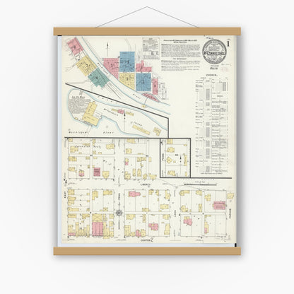 Old map wall art mockup — magnetic wood frame on white wall — Sanborn Fire Insurance Map from McConnelsville, Morgan County, Ohio (1911), Sheet #0001
