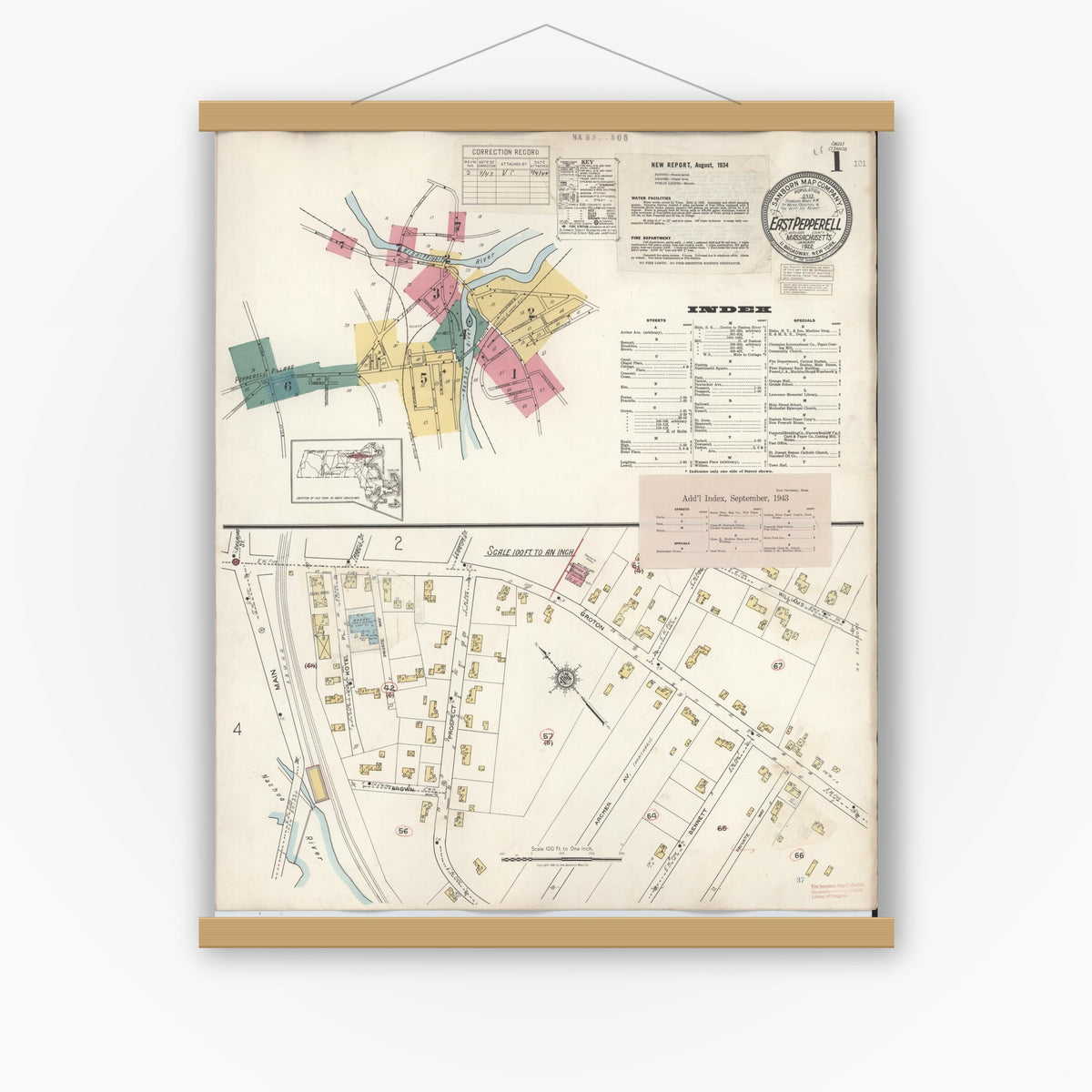 Old map wall art mockup — magnetic wood frame on white wall — Sanborn Fire Insurance Map from East Pepperell, Middlesex County, Massachusetts (1943), Sheet #0001