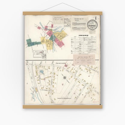 Old map wall art mockup — magnetic wood frame on white wall — Sanborn Fire Insurance Map from East Pepperell, Middlesex County, Massachusetts (1943), Sheet #0001