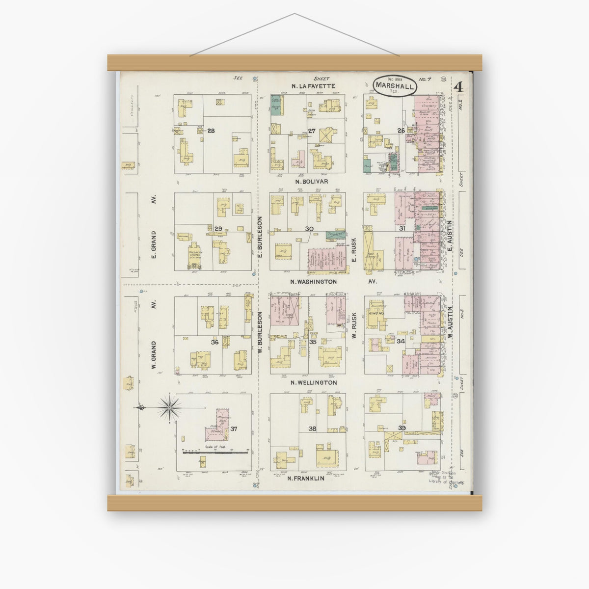 Old map wall art mockup — magnetic wood frame on white wall — Sanborn Fire Insurance Map from Marshall, Harrison County, Texas (1889), Sheet #0004