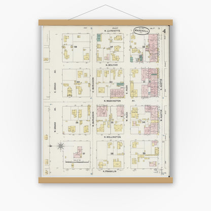 Old map wall art mockup — magnetic wood frame on white wall — Sanborn Fire Insurance Map from Marshall, Harrison County, Texas (1889), Sheet #0004