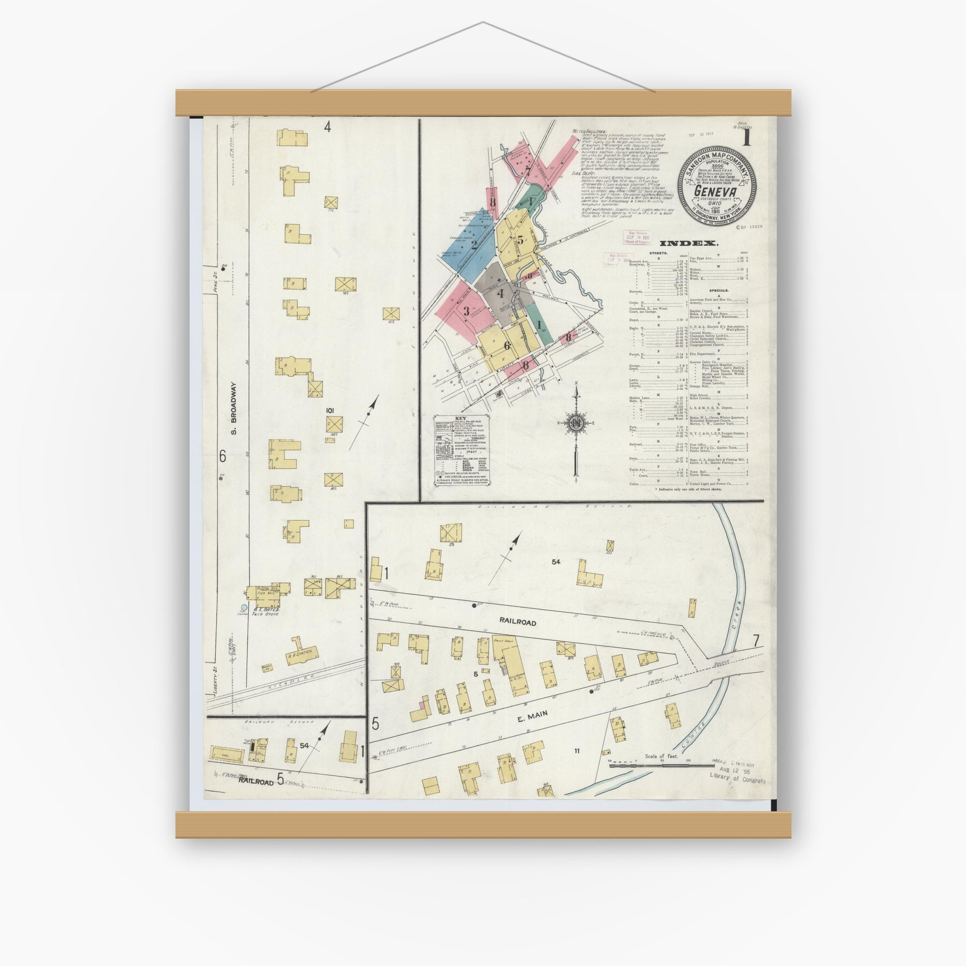 Old map wall art mockup — magnetic wood frame on white wall — Sanborn Fire Insurance Map from Geneva, Ashtabula County, Ohio (1911) - Complete Map Set